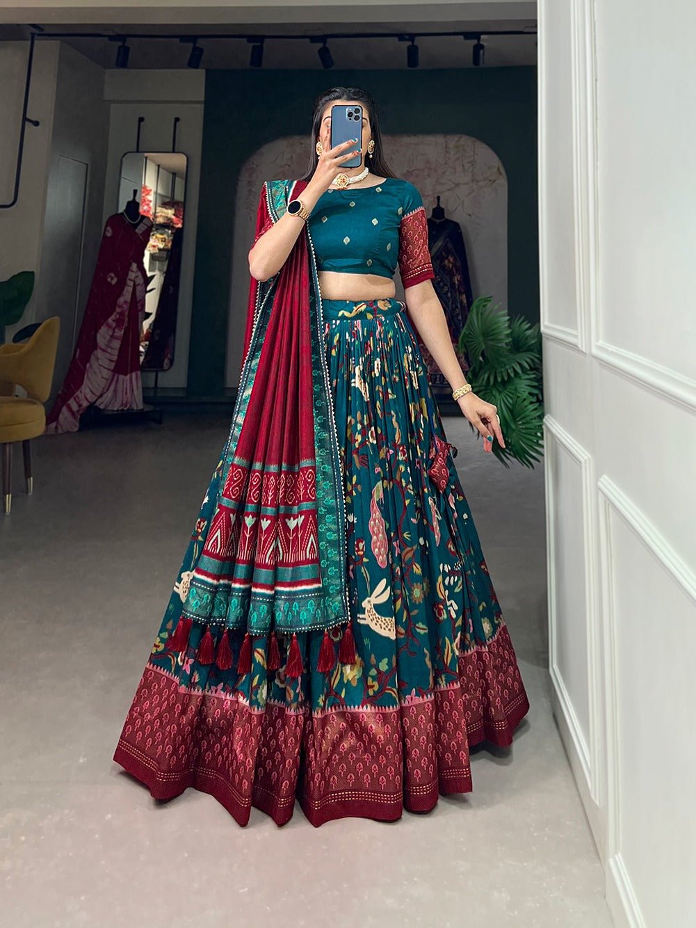 Classic Silk Lehenga with Printed Dupatta - Raj Panchi