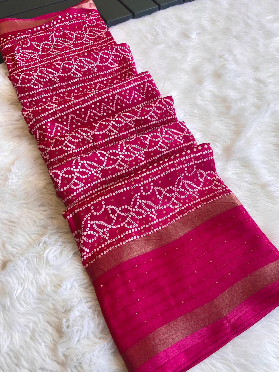 Dola Silk Bandhani Saree with Crochet Border - Raj Panchi