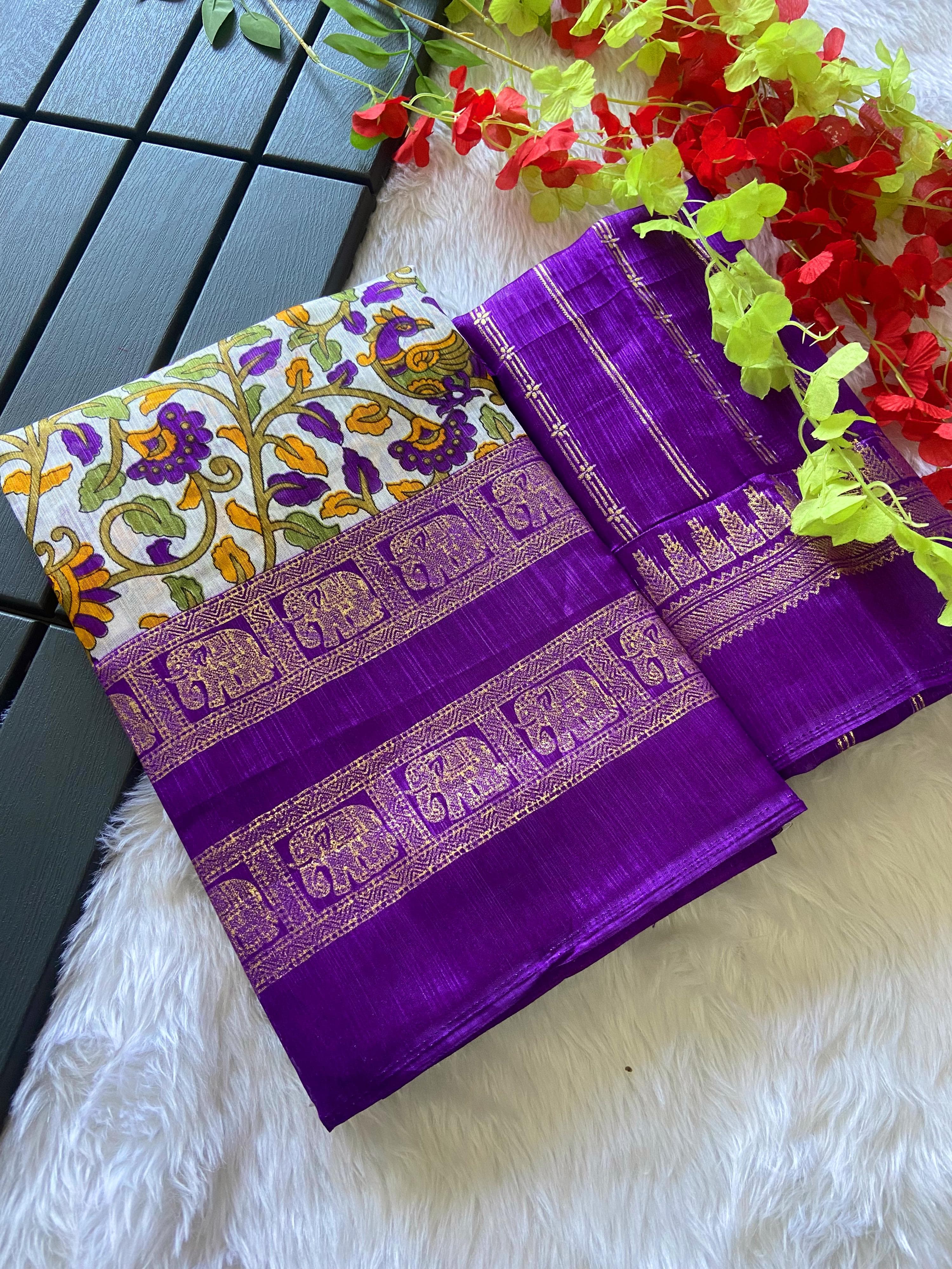 Dola Silk Kalamkari Saree with Foil Detailing - Raj Panchi