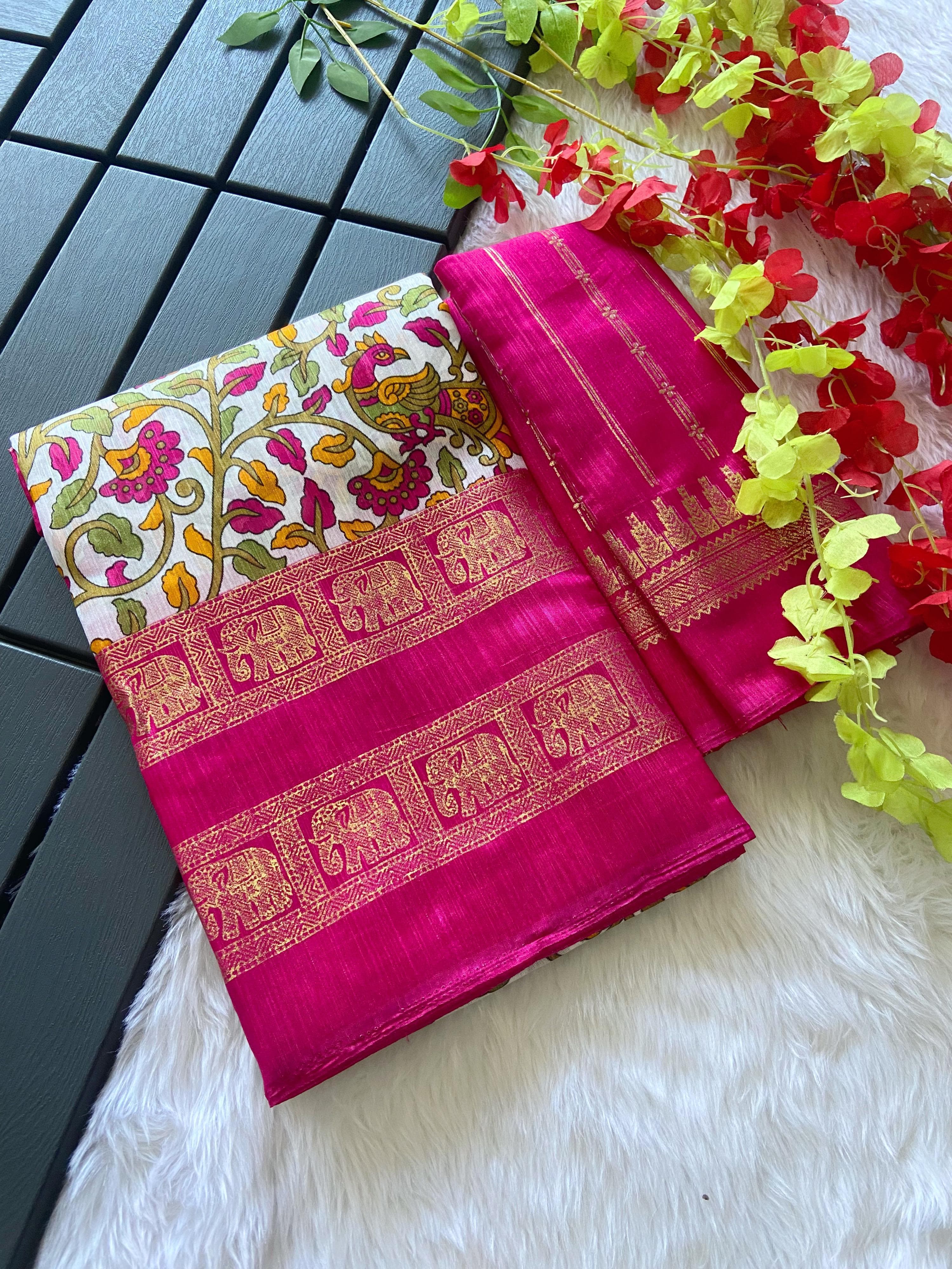 Dola Silk Kalamkari Saree with Foil Detailing - Raj Panchi