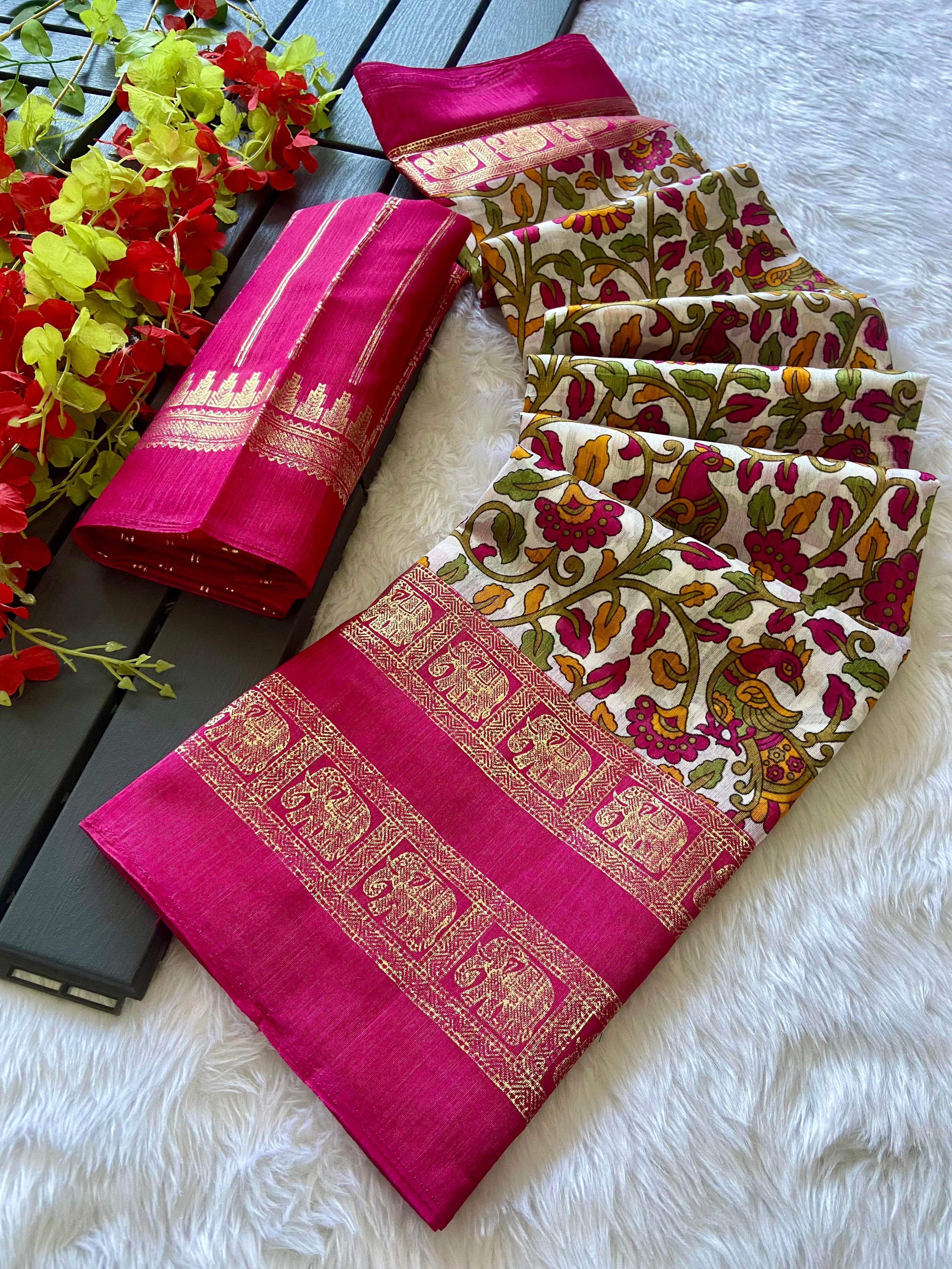 Dola Silk Kalamkari Saree with Foil Detailing - Raj Panchi