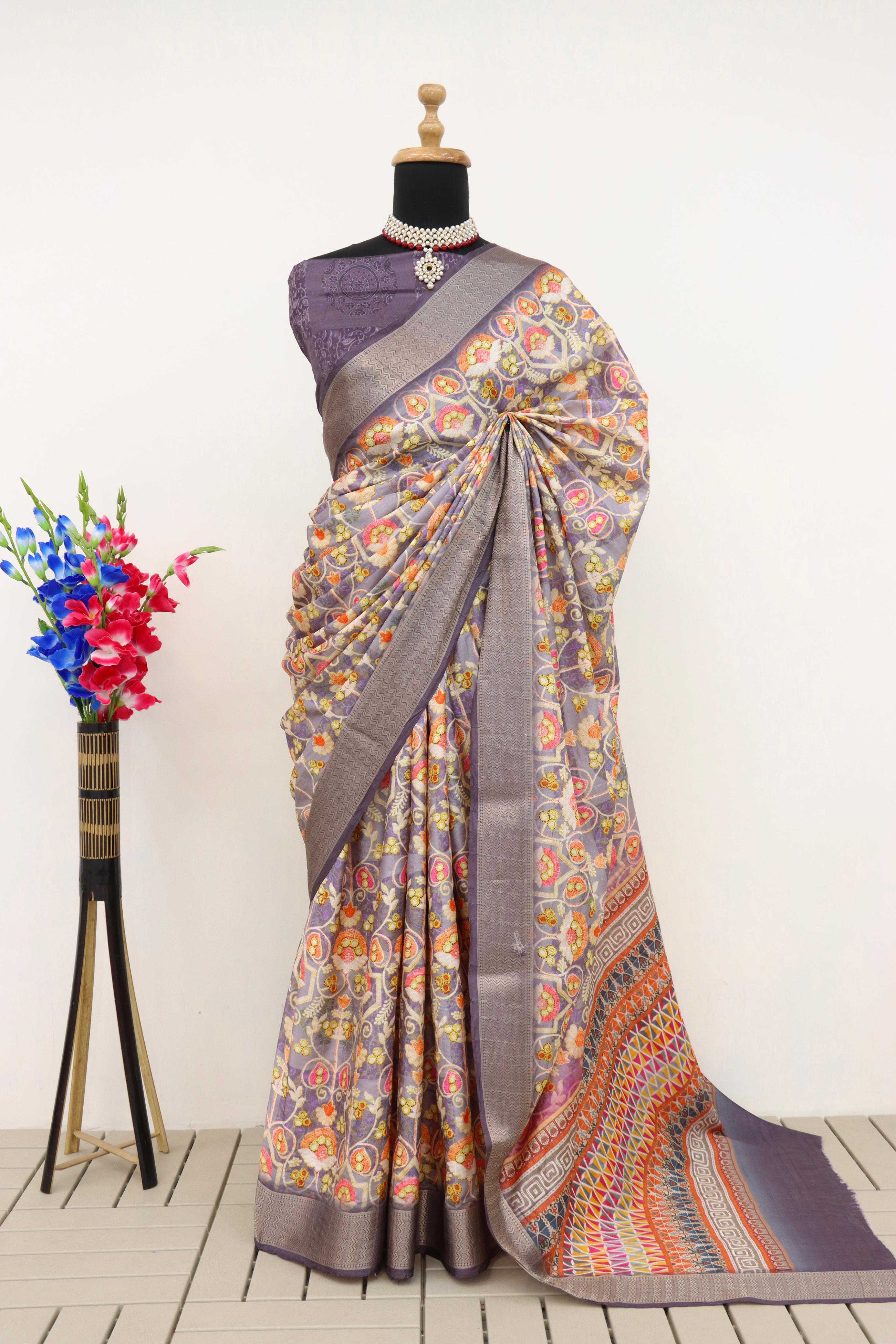 Silk Saree with Banarasi Motifs - Raj Panchi